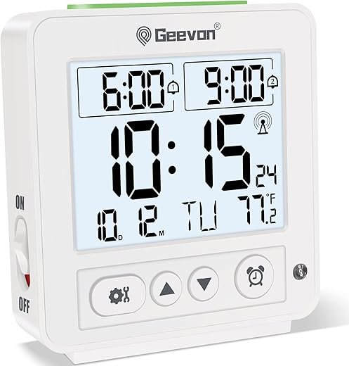 Geevon Atomic Travel Alarm Clock with Auto/8s Backlight, 2 Alarm Settings, Temperature Detect, Increasing Beep Sounds Digital Atomic Travel Clock Battery Operated for Bedroom, Bedside, White