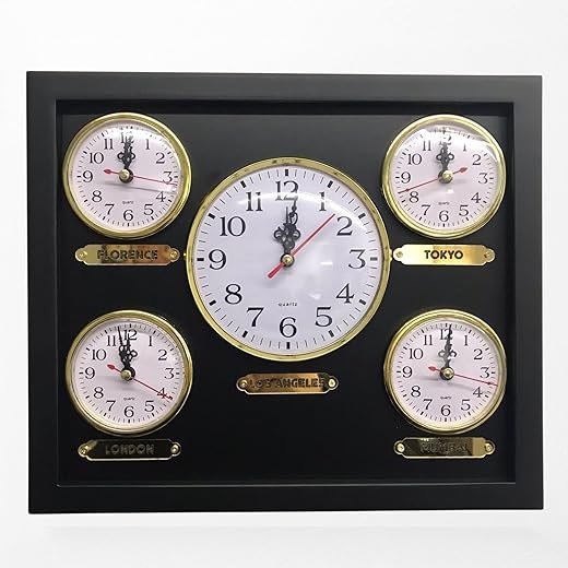 Generic Customizable 4+1 Time Zone Wall Clock. Multi-Time Zone Clock with Sturdy Wood Frame and HD Glass Lens. 10 x 11.81 x 1.18 inches, Gold