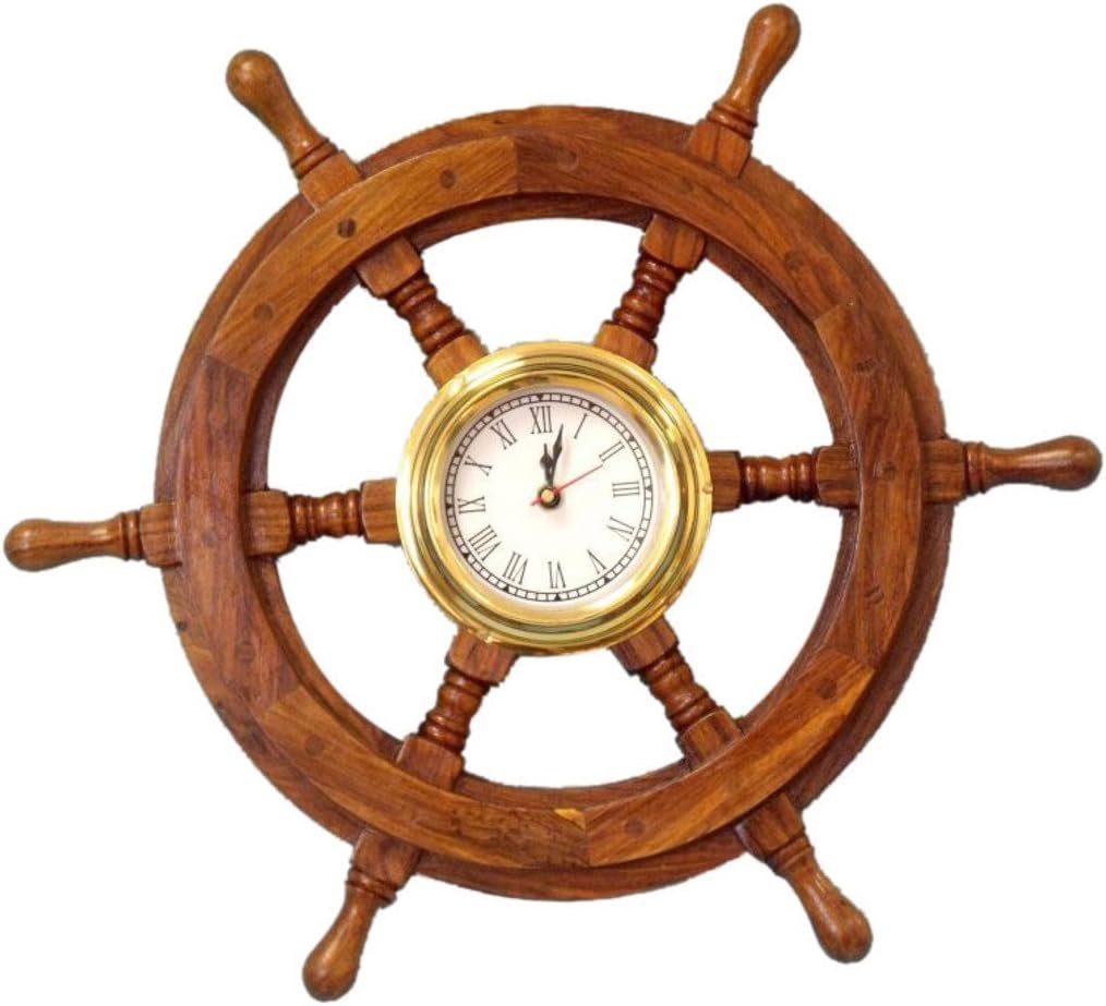 Hampton Nautical Deluxe Class Wood and Brass Ship Wheel Clock 18" - Decorative Ship Steering Wheel - Nautical Home Decorating