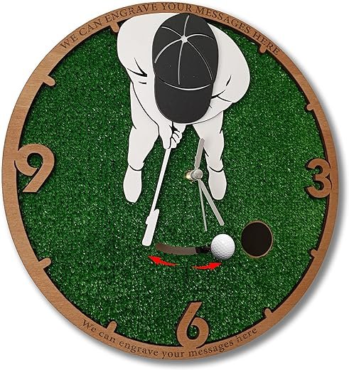 Handmade Swinging Golf Ball Wall Clock, Golf Ball Pendulum, Realistic Turf and Customizable Engraving Options Perfect Personalized Gift for Golf Lovers, Wooden Wall Clock, Gift for Golfer (20 inches)