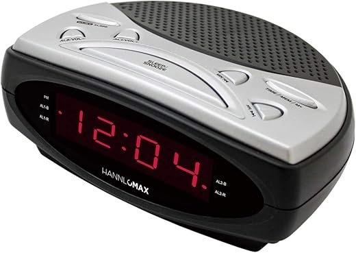 HANNLOMAX HX-137CR Alarm Clock Radio, PLL AM/FM Radio, Dual Alarm, 0.9" LED Display, AC Operation only. (Black-Red LED)