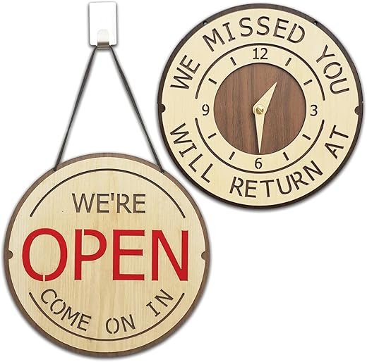 Happy Smiley Face Design, Open and Closed Sign, Wooden Come On In, Will Return Clock, Be Back Sign with Clock, Double Sided Open Signs for Business