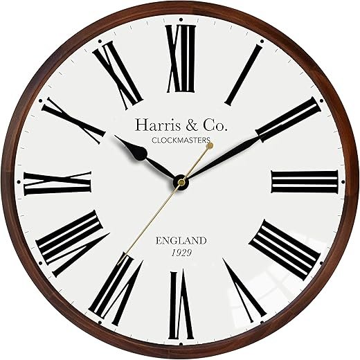 HARRIS & CO. CLOCKMASTERS ( 13 Inch Luxury Wooden Frame Curved Glass Silent Sweep Noiseless Technology Roman Design Wall Clock with Spade Hands Model Name - EUSTON Road