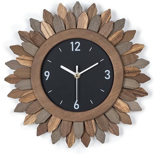 Honiway Wall Clock Battery Operated 12 in Rustic Wood Boho Sunburst Decorative Wall Clock Silent Non Ticking Farmhouse Small Wall Clocks for Living Room Kitchen Bathroom Bedroom Decor (Tricolor)