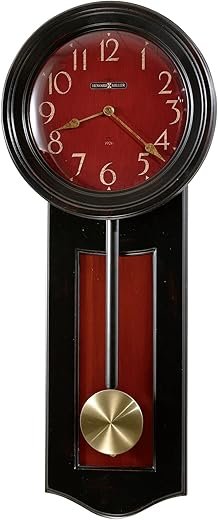 Howard Miller Alexi Wall Clock 625-390 – Worn Black Finish, Antique Red Inset and Dial Panel, Antique Home Decor, Brass Finished Pendulum, Quartz Movement