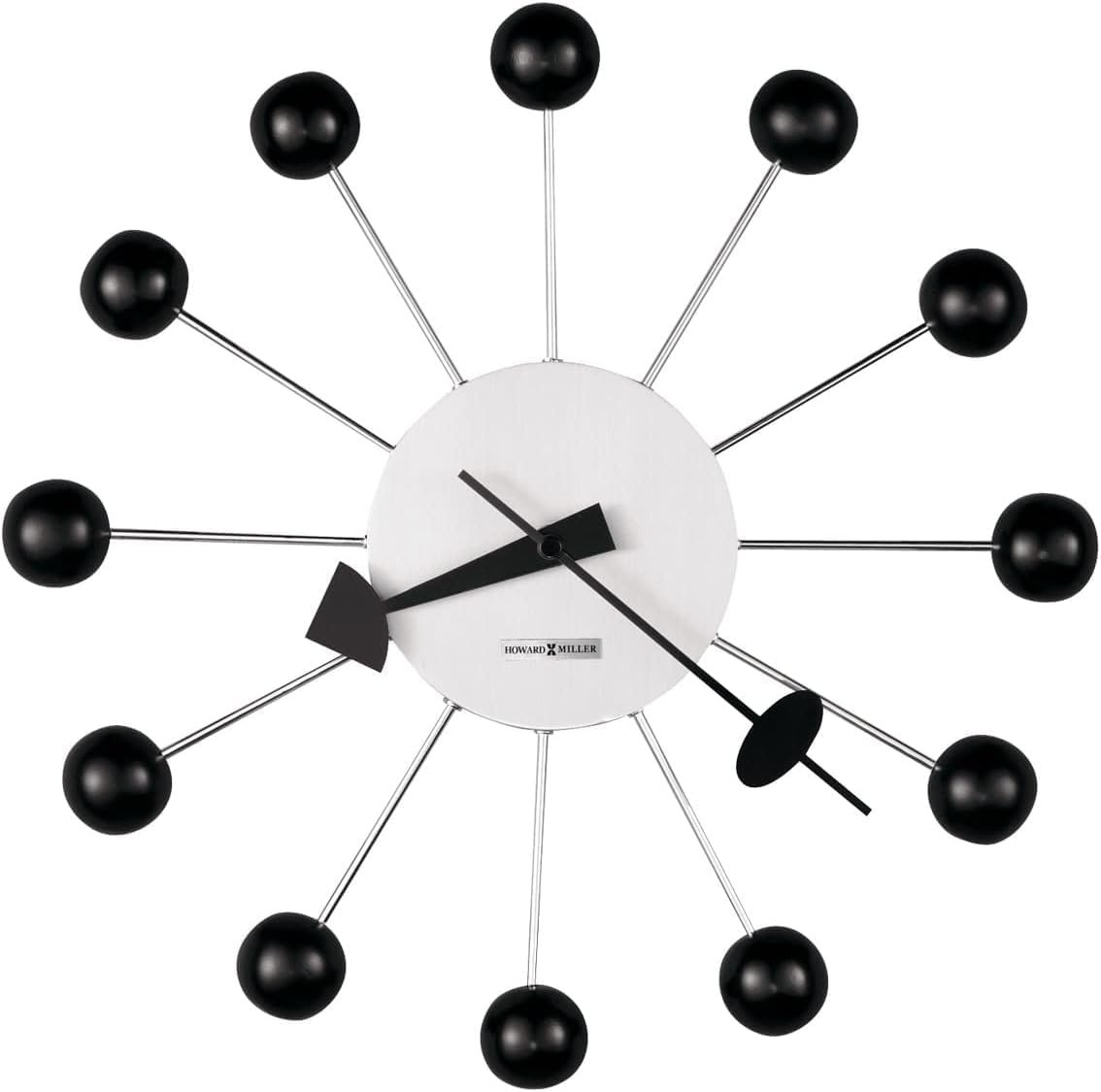 Howard Miller Fort Hall Wall Clock II 549-681 – Brushed Nickle-Finished Center with 12 Black Satin Balls, Nickle-Finished Rods, Black Hands Duo-Tone Style, Quartz Movement