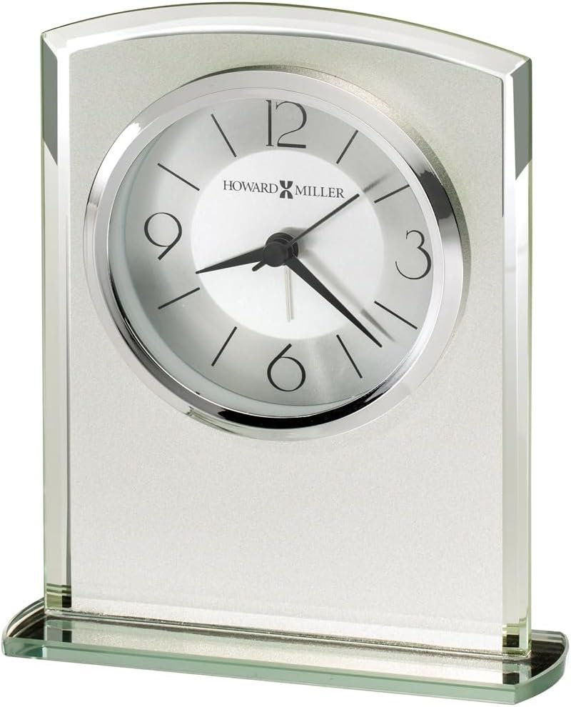 Howard Miller Glamour Table Clock 645-771 Modern Frosted Glass Clock with Curved Top, Mirrored Beveled Edges, Mirrored Glass Base, Alarm/Quartz Movement