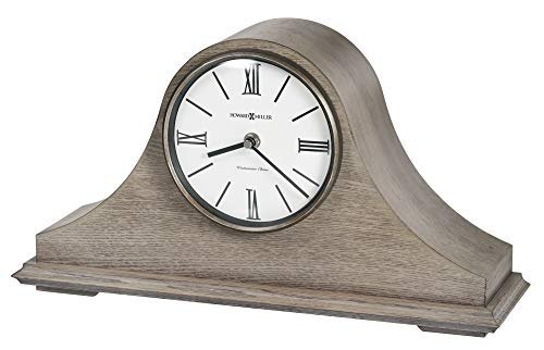 Howard Miller Lakeside Mantel Clock, Triangular Burl Overlays Gray Finish Sturdy Wooden Material, Vintage Analog Dial Roman Numerals with Black Bar Style Idle Timepiece for Office & Home Decor