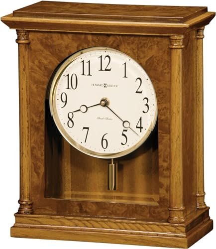 Howard Miller Leadore Mantel Clock II 549-726 – Golden Oak Finish, Antique Home Decor, Brass-Finished Cylindrical Pendulum, Volume Control, Quartz, Dual-Chime Movement