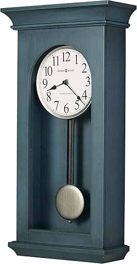 Howard Miller Loreen Wall Clock, Battery-Operated Analog Dial Black Arabic Numerals Single-Chime Movement Silver Pendulum, Blue Finish Nighttime Chime Best Decor for Home, Office & Bedroom