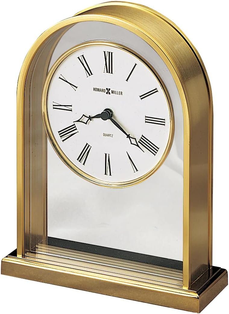 Howard Miller Reminisce Table Clock, Brass Finished Soft Ticking Alarm Clocks, Quartz Movement Analog Dial Black Traditional Roman Numerals Acrylic Crystal for Kitchen, Bathroom & Office