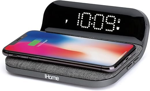 iHome Qi Fast Wireless Charging Alarm Clock with USB Charging, Snooze Button, Dimmable Display, Battery Backup, Dual Charging (iW19)