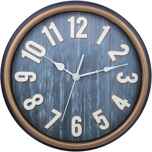 Indoor Outdoor Large Wall Clock 16 Inch Waterproof,Country Farmhouse Woodgrain Shiplap Coastal Beach Nautical Wall Clock Silent Movement for Garden Patio, Living Room, Pool, Navy Blue