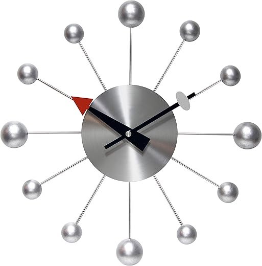 Infinity Instruments Orb Spoke Midcentury Modern 15 inch Retro Starburst Ball Wall Clock Quiet Quartz Movement Mid Century Modern Decorative (Silver)