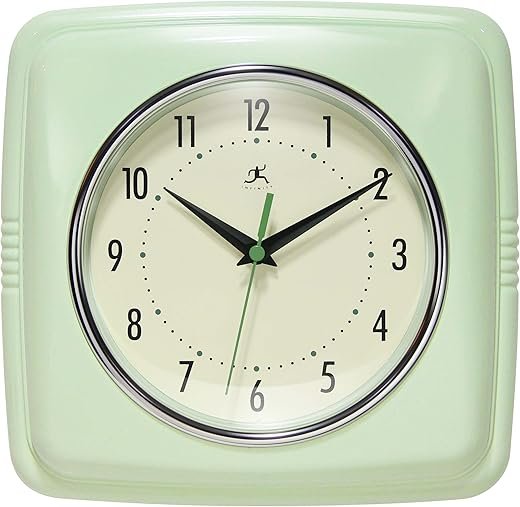 Infinity Instruments Retro Wall Clock - 9 Inch Square Clock - Silent Non-Ticking Mid Century Modern - Kitchen Clock Office Clock Diner Wall Clock - Vintage Wall Clock Decorative - Meadow Green