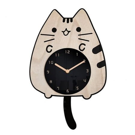 ITIGOITIE Cat Wagging Tail Wall Clock, Wooden Cartoon, Mute, Kids Room/Bedroom Creative Decorative