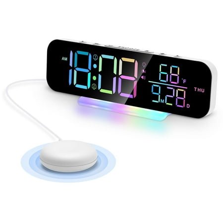 ITIGOITIE Extra Loud Vibrating Alarm Clock,Adjustable Volume,Dimmer,Large LED Digital with RGB Night Light for Bedrooms,Kids,Teens(White)