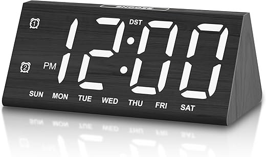 JALL Wooden Digital Alarm Clocks for Bedrooms, Large Bold Digits Electric Desk Clock, with Dual Alarm, USB Port, DST, Auto Dimmer for Wood Decor, Bedside, Gift (Black)