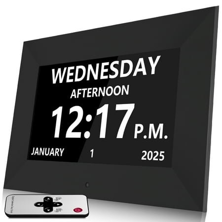 Jazeyeah 7 inch Large Digital Alarm Clock with Day and Date for Senior, Easy to Use, Calendar Alarm Day Dementia Alzheimers Clock for Elderly Gift (Black)