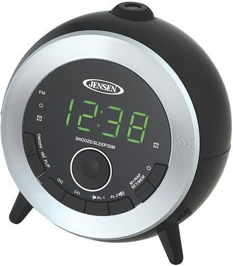 Jensen Compact AM/FM Dual Time Projection Alarm Clock Radio with Large Easy to Read Backlit LED Display