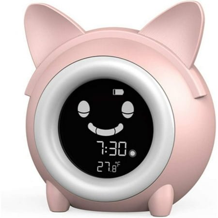 KEINXS Smart Night Light Digital Kids Alarm Clock with Cat Ears,Also with Indoor Temperature Detect,5 Color Night Light, Dimmer, 8 Nap Timer, Funny Faces, 12/24 H DST, Snooze Time to Wake Alarm