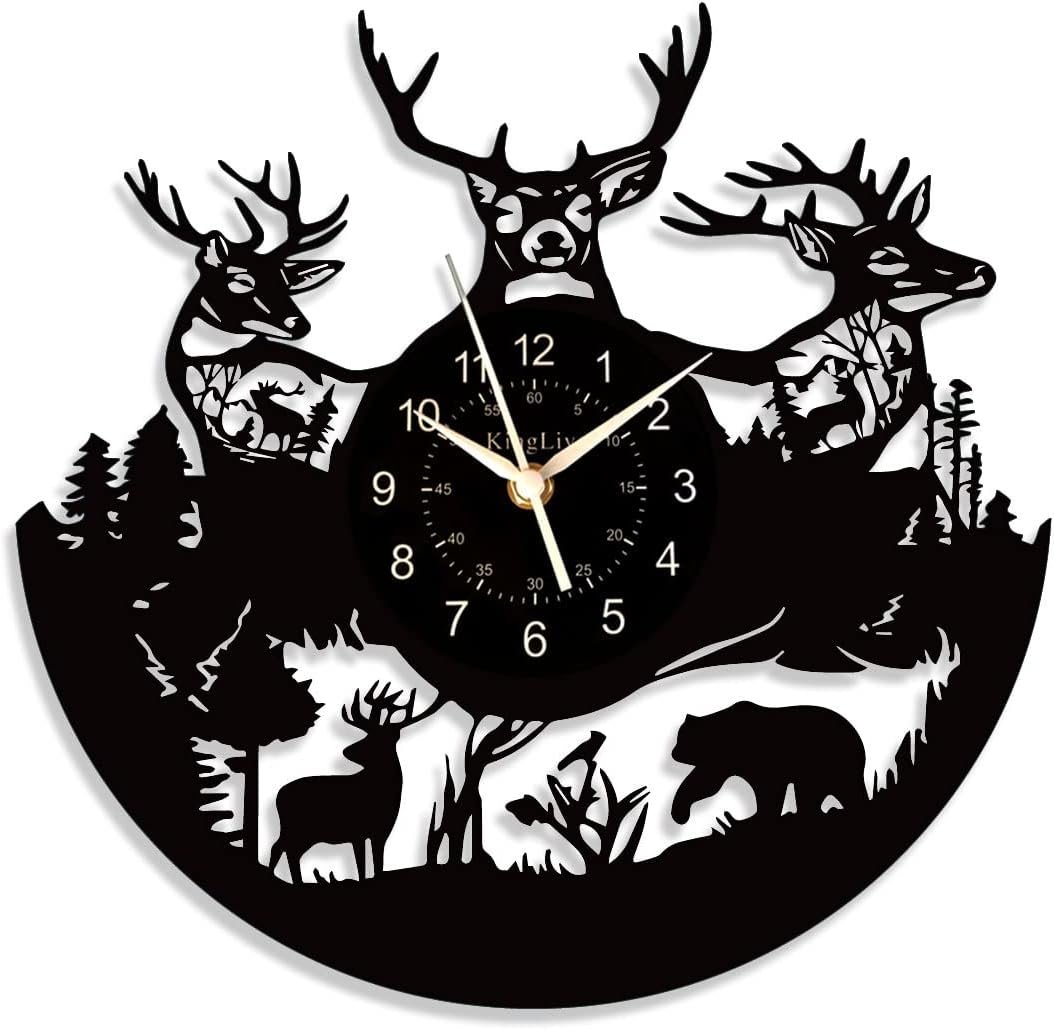 KingLive Vinyl Record Wall Clock-Deer Wall Decor-Silent Clock-Black Retro Room Decor-12 Inch Farm Theme Wall Art