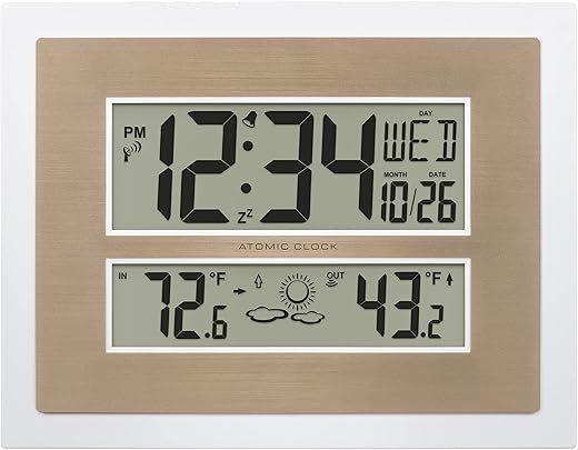 La Crosse Technology 512-14937-INT Atomic Digital Wall Clock with Temperature & Forecast in White/Champagne