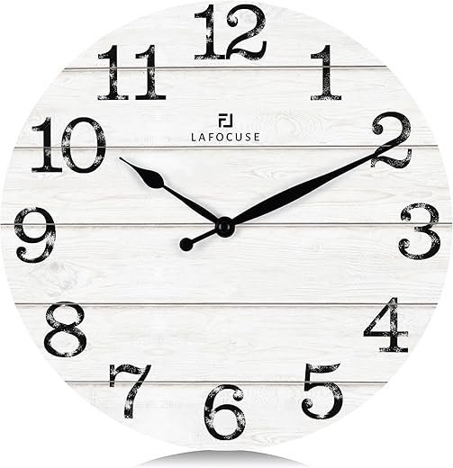 Lafocuse 12 Inch Silent Non Ticking Farmhouse White Wall Clock Battery Operated, Vintage Shabby Chic Wooden Wall Clock for Living Room Decor Kitchen Bedroom Office-Version 2.0