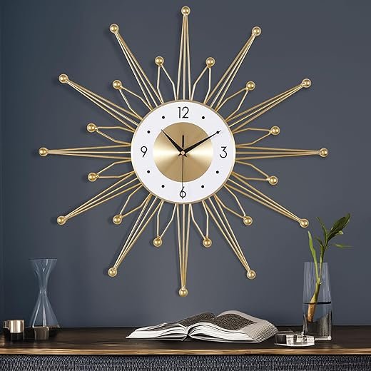 Lafocuse 23 Inch Metal Gold Starburst Wall Clock, Large Mid Century Modern Wall Clocks, Art Deco Wall Clocks for Living Room Kitchen Office