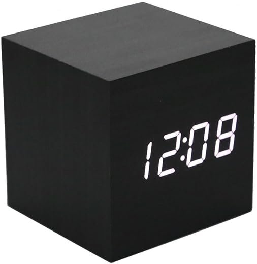 Lancoon Wooden Alarm Clock - Mini Cube LED Digital Clock with Time/Date/Temperature Display, 3 Levels Brightness and Voice Control Great for Home Office Travel - AC10Black_White