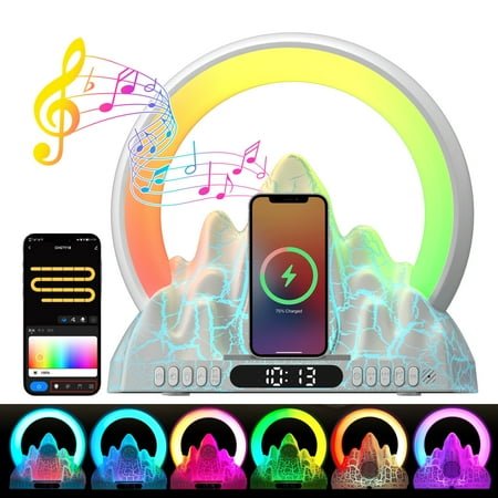 LAPAMAX Alarm Clock,RGB Dynamic Volcano Atmosphere Night Light with 15W Wireless Charger, Bluetooth Digital Music Speaker,Bedside Lamp Desk Clock for Kids