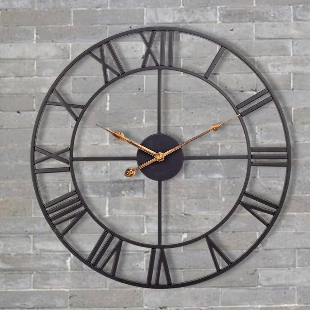 Large Industrial Wall Clock with Roman Numerals, Indoor Silent Non-Ticking Retro Clock, Vintage Metal Decorative Black Metal Art Clock Battery Operated for Home Kitchen Cafe Hotel Office Decor,1