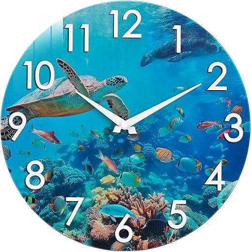 Large Outdoor Clock Waterproof - Coastal Beach Nautical Ocean Wall Clocks with Sea Turtle Underwater for Patio Pool Porch Deck Yard Bathroom Decor,Blue 14 Inch (Glass)