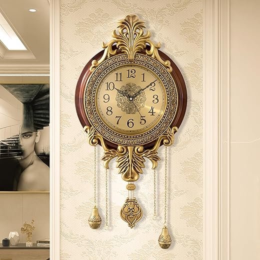 Large Retro Wall Clock with Swinging Pendulum Royal Line Silent High-end Luxury Metal Wood Mid Century Vintage Style Clock