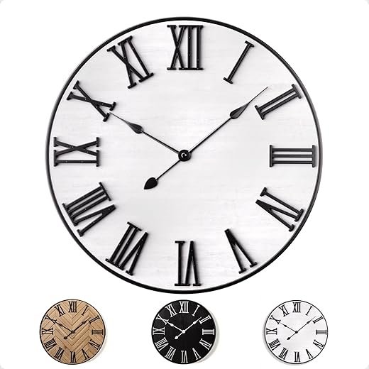 Large Wall Clock 24 Round - Silent Metal & Wood Large Clock - Farmhouse Wall Clock Large - 24 Inch Wall Clock For Living Room Decor - Big Wall Clock Roman Numerals - Wall Clocks For Living Room Decor