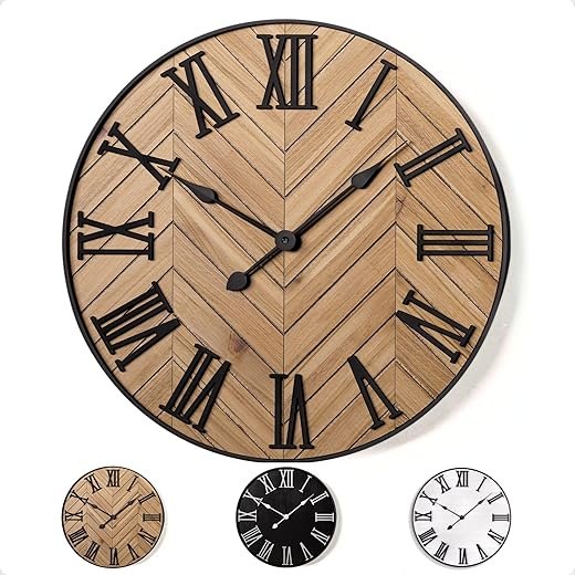 Large Wall Clock 24 Round - Silent Metal & Wood Large Clock - Farmhouse Wall Clock Large - 24 Inch Wall Clock For Living Room Decor - Big Wall Clock Roman Numerals - Wall Clocks For Living Room Decor