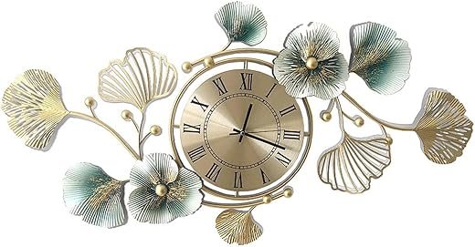 Large Wall Clock，Living Room Bedroom Home Creative Metal Elegant Ginkgo Leaf Large Wall Clock Decorative，Silent Non Ticking,32.7x18.9in