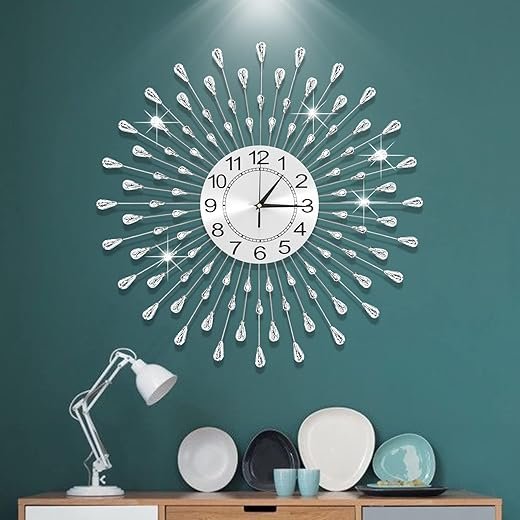 Large Wall Clock Metal Decorative Wall Clocks Silent Non-Ticking,Bling Shining Modern Art Starburst Big Wall Clocks for Living Room Bedroom Dining Room Kitchen Decor,Dia 24 Inch Silver