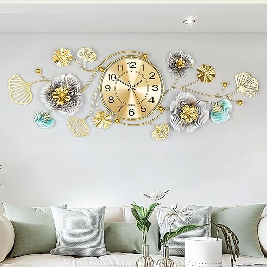 Large Wall Clock, Wall Clocks for Living Room Decor, with Silent Movement and Rotatable Dial, 3D Metal Ginkgo Leaf Design, for Living Room Wall Decor Wall Clocks（34''x12''）