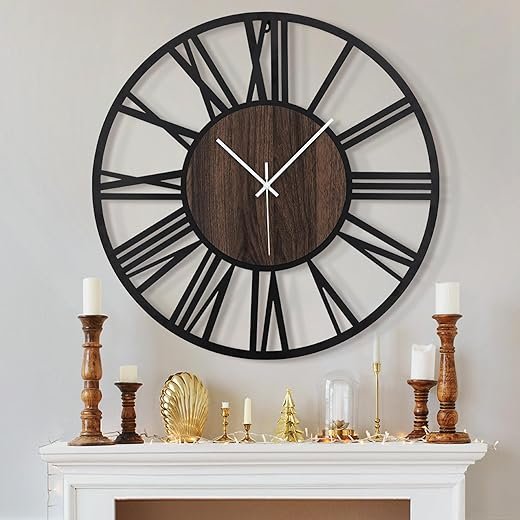 LEIKE Large Wall Clocks for Living Room,Silent,Non Ticking,Battery Operated Oversized Vintage Round Modern Wood Wall Clock for Bedroom,Farmhouse,Office Home Decor-24 Inch(Black-Roman Numerals)