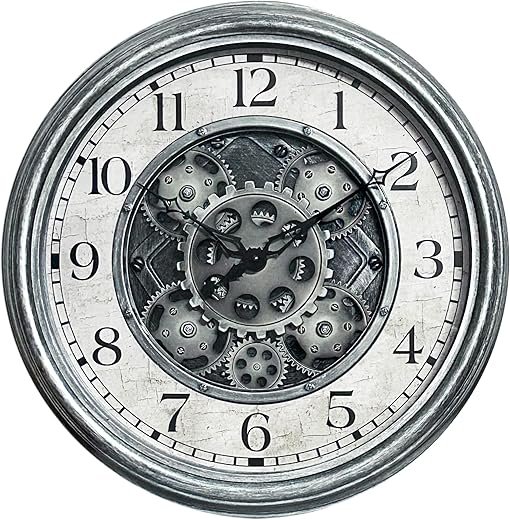 Lily's Home 15 Moving Gears Wall Clock, Large Modern Clocks for Living Room Decor, Industrial Steampunk Vintage Decorative Wall Clock for Home, Office - Intricate Gear Design, Bold Numbers (Silver)