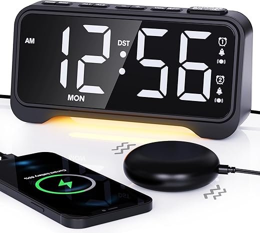 Loud Vibrating Alarm Clock for Heavy Sleepers with Bed Shaker Under Pillow, Hearing Impaired/Deaf/Teens, Dual Alarms, Adjustable Date, Nightlight & Battery Backup, Large LED Digital Display, 12/24H