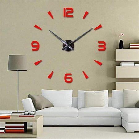 Luniquz 3D DIY Wall Clock Mordern Design Mirror Surface Home Decor Murale Horloge (Red)