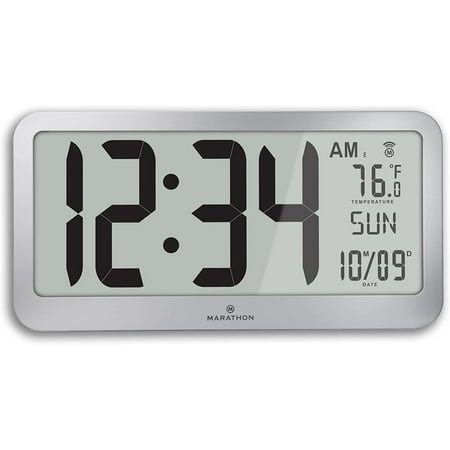 Marathon Slim Jumbo Panoramic Atomic Wall Clock with Date and Indoor Temperature. Commercial Grade with Big 6-Inch Numbers, Alarm and Table Stand. Batteries Included (Graphite Grey)