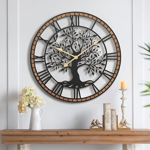 Micasso 24 in Large Tree of Life Wall Clock, Metal Black Modern Wall Clock with Solid Wood Frame, Oversized Non-Ticking Battery Operated Silent Clock for Office,Living Room,Kitchen.