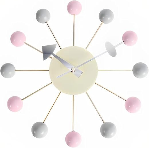 Mid Century Wall Clock -Replica George Nelson Ball Clock for Retro Modern Decor (13") (Pink+Grey)