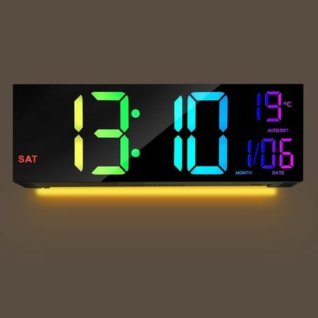 MLWSHR 16 Large Digital Wall Clock with Remote Control, Dual Alarms, 8 RGB Colors, Auto DST, Temperature & Humidity Display, Ideal for Living Room, Bedroom, Desk, Wall-Mounted or Stand