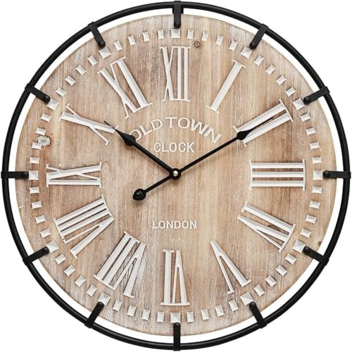 MODE HOME Large Farmhouse Wall Clock, 24 Inch Rustic Wooden Wall Clock Decorative with Metal Circle and Engraved Numerals, Silent Battery Operated for Kitchen Bedroom Living Room Fireplace Mantel