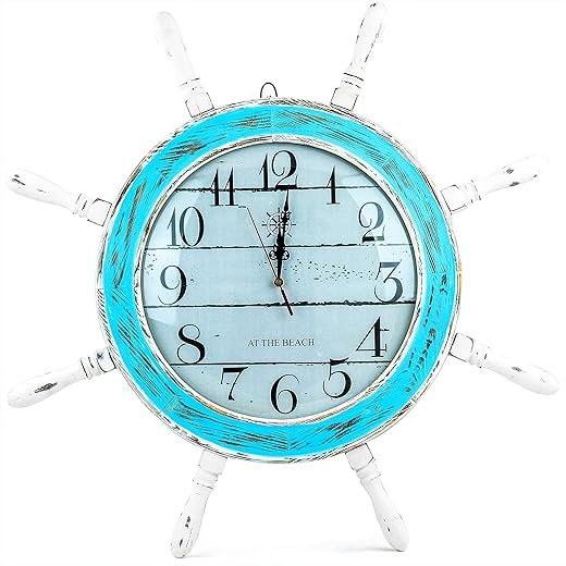 Nagina International 28 Inches Distressed Blue White Ship Wheel Wall Clock Nautical Coean Sea Decor