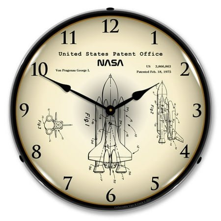 NASA Space Shuttle 1975 Patent LED Wall Clock, Retro/Vintage, Lighted, 14 inch